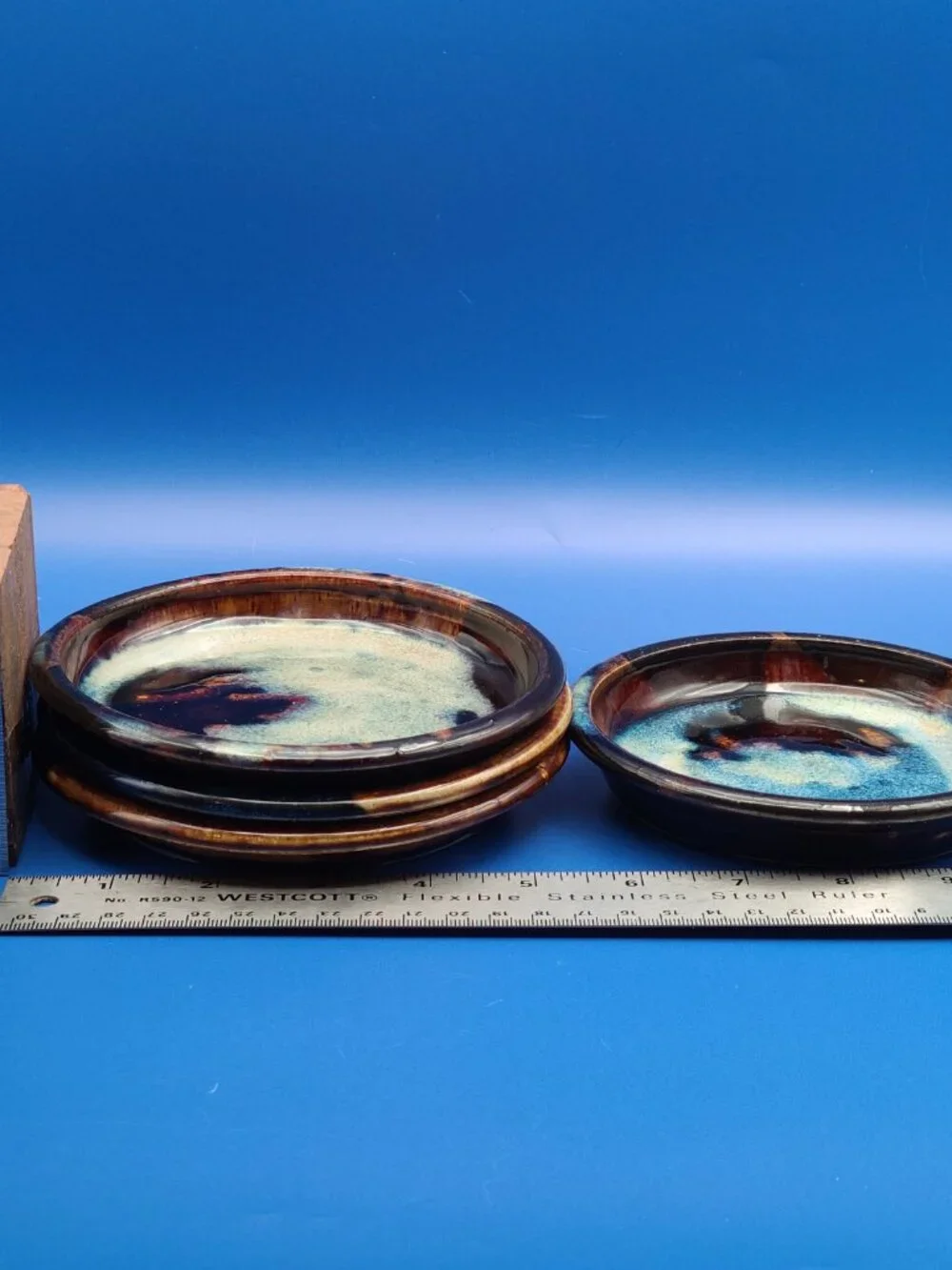 Studio Art Pottery Small Round Dishes Blue Brown Cream Glazed Set of 4